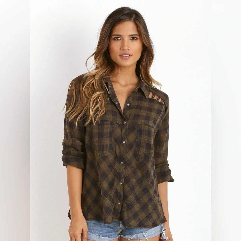 Vintage Free People lace up cutout button down shirt long sleeve flannel top